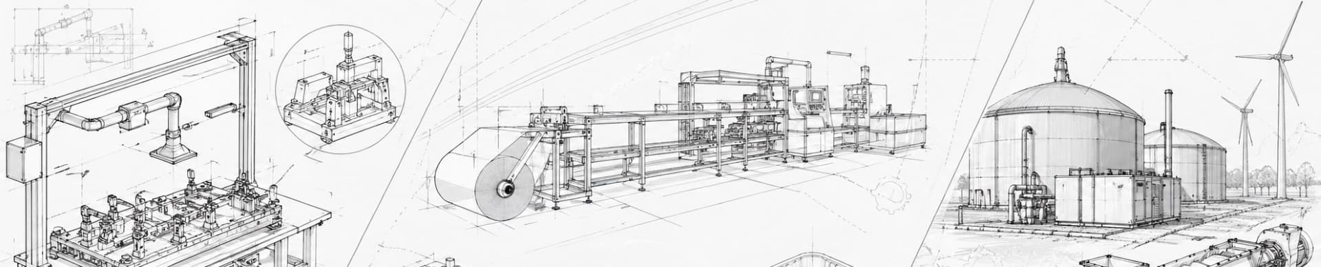 A single technical drawing running across all three sectors: a medical assembly fixture, a thermoform packaging line, and a farm-scale biogas plant