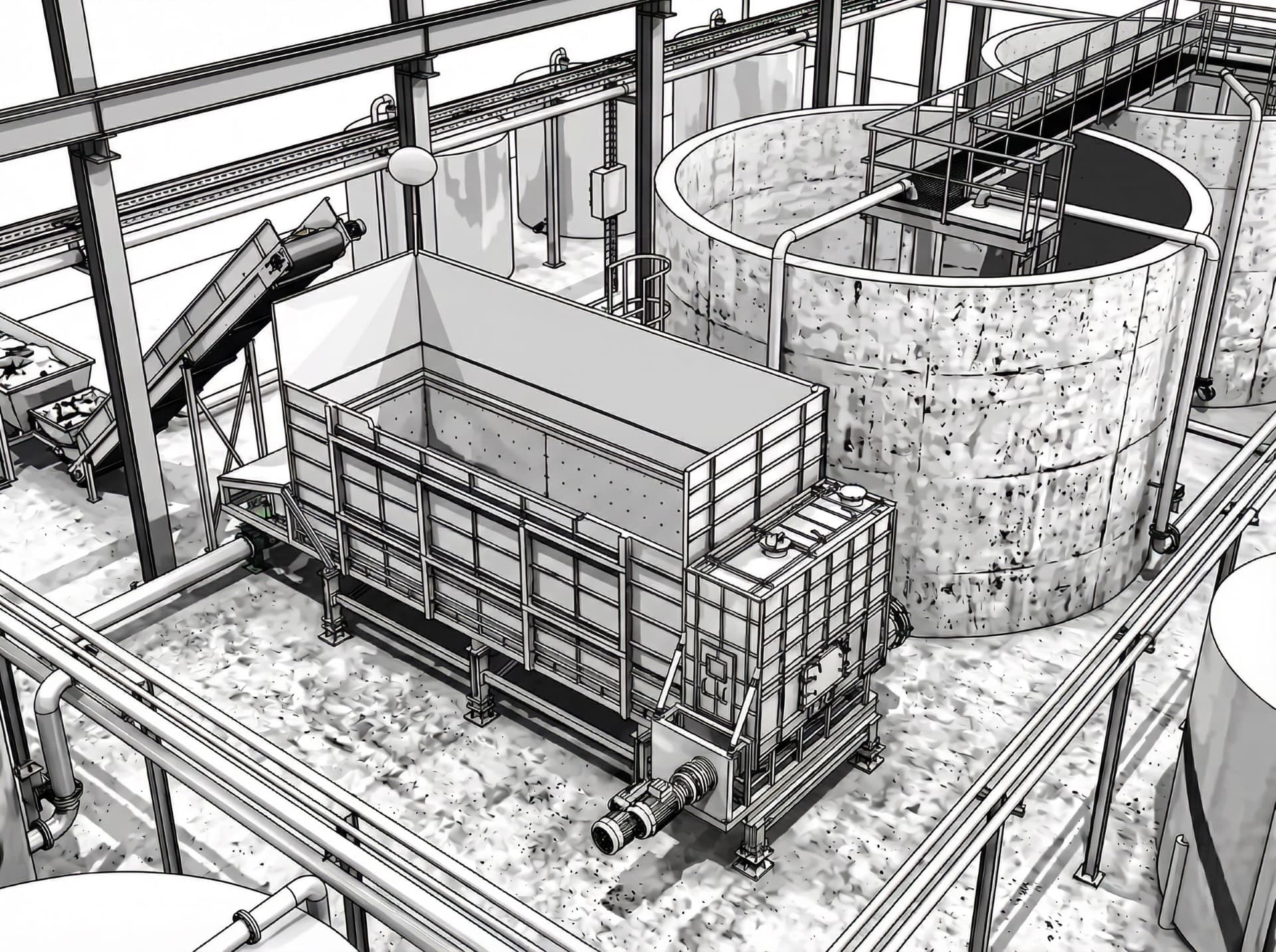 Line drawing of the push-floor dosing system and digester tanks, showing the layout before manufacture