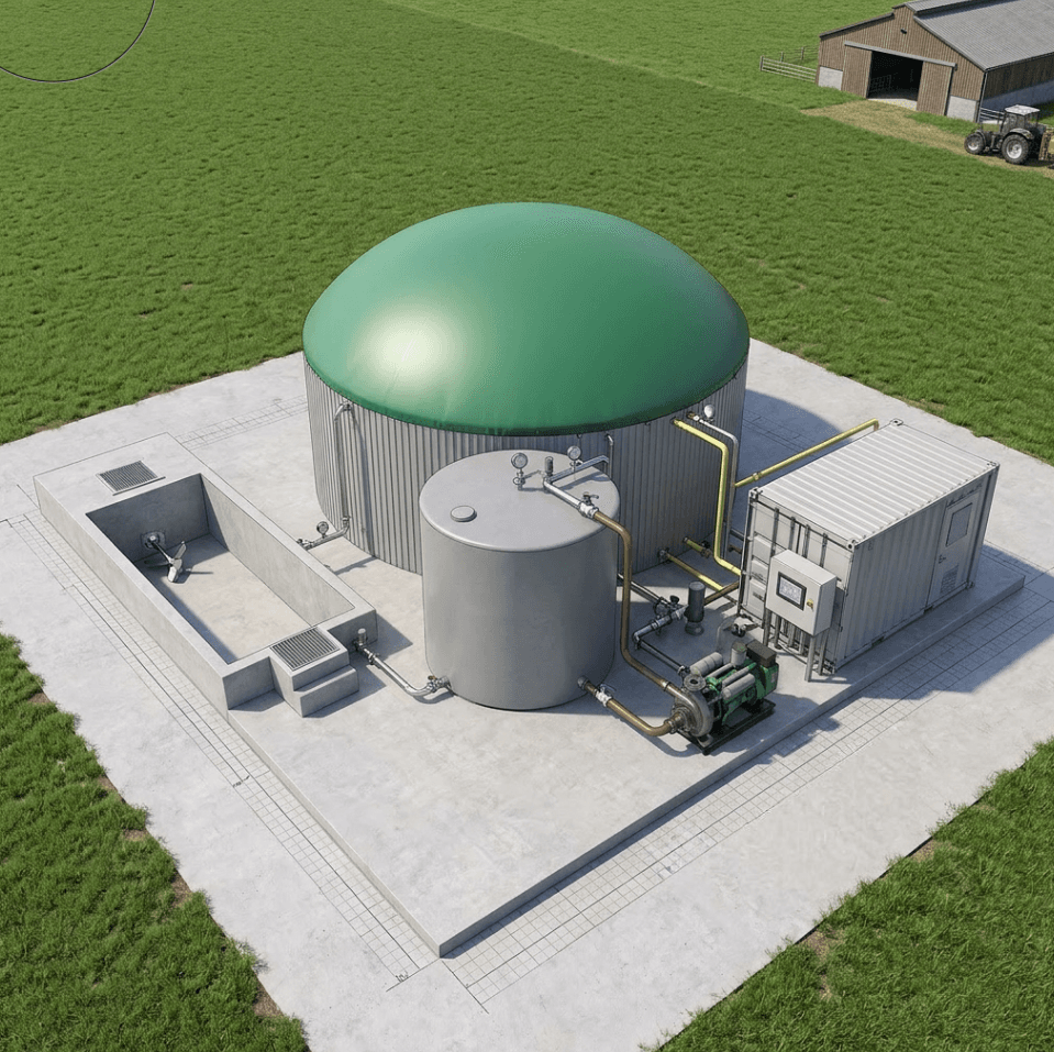 Modular farm-scale biogas plant with anaerobic digester, gas storage dome, and control container on Irish farm