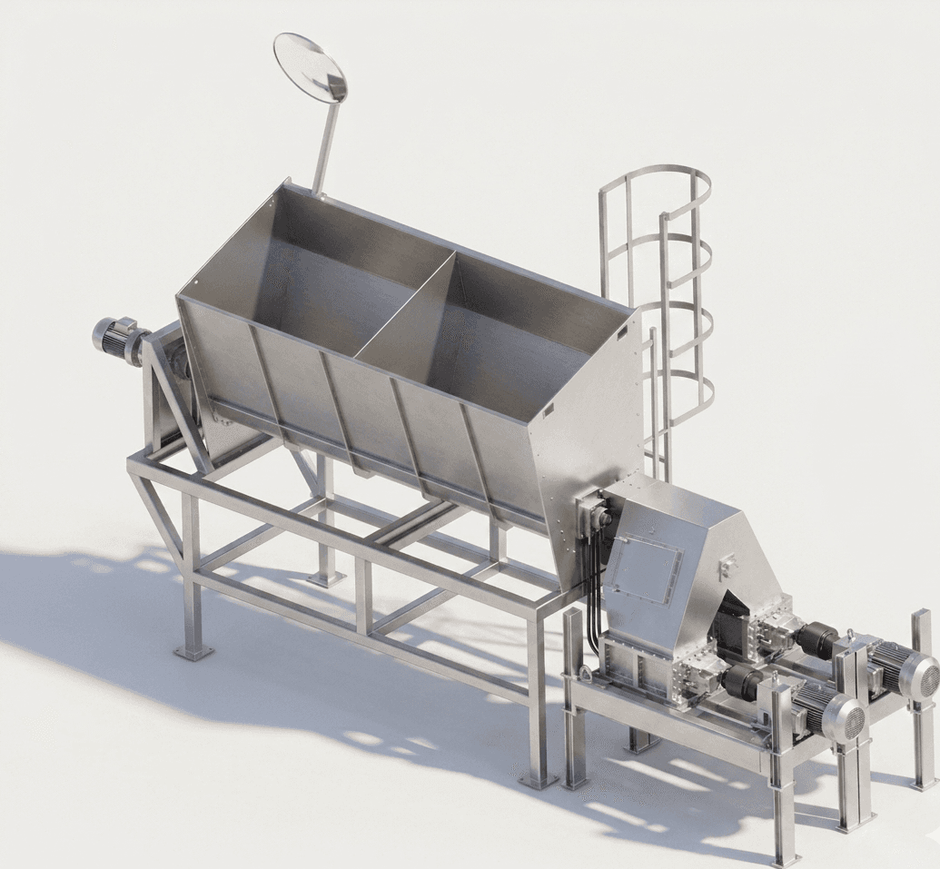 Two-chamber stainless steel feeding bunker with integrated drive system and discharge mechanism for biogas plant