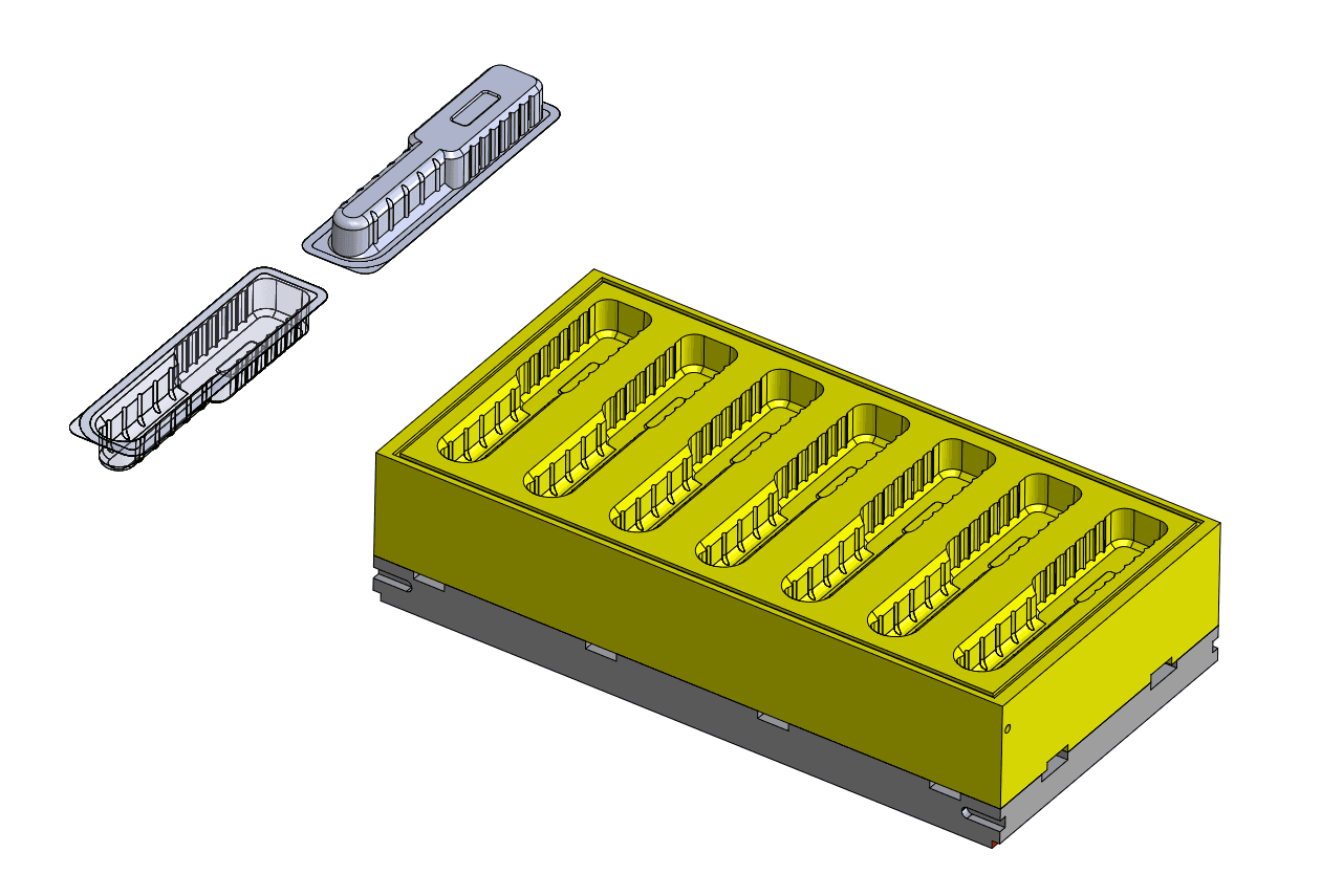 Eight-cavity thermoform mold tool with formed PETG packaging trays for medical applications